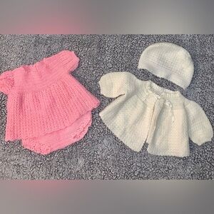 Crocheted baby outfits pink and ivory cardigan bonnet dress bottoms 0-6 months